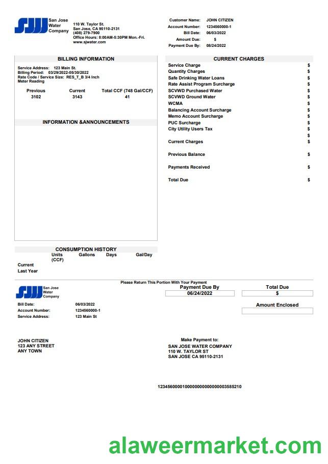 USA California San Jose Water utility bill template in Word and PDF format
